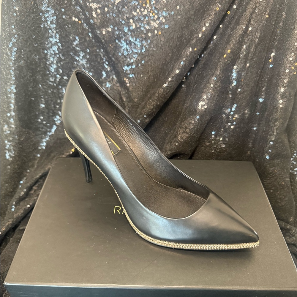 Rachel Zoe Black Leather Heels with Gold Trim